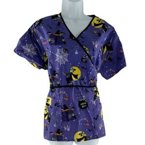 V Life Nurse Scrub Womens L Witch On A Broom Halloween Professional Uniform Top